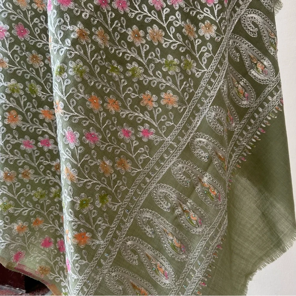 Olive Green Floral Embroidered Pashmina Shawl / Wrap / Scarf | Soft Winter Stole